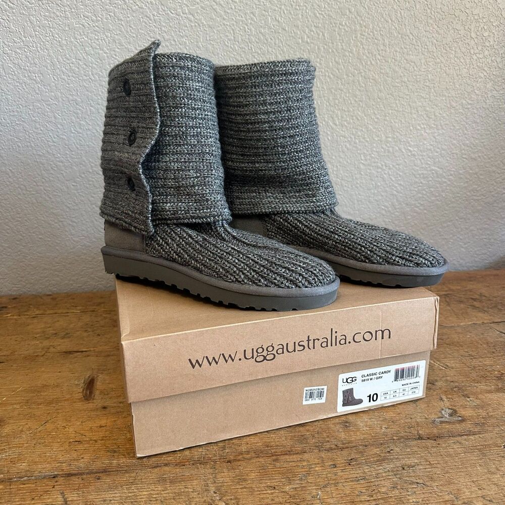 NWB UGG Australia Classic Cardy Boots Gray Foldover MidCalf Ankle Knit Fur Sz 10
